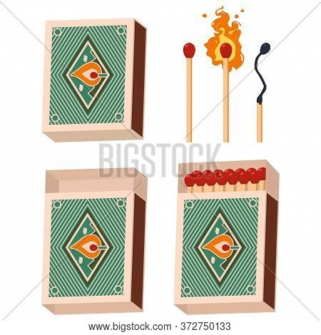 Matchbox And Matches Vector Set Isolated On White Background.