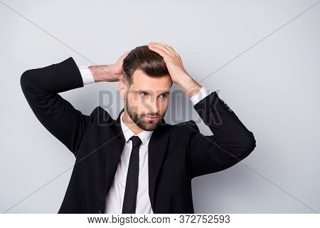Portrait Of Stunning Company Owner Entrepreneur Man Touch Hygiene Hair Enjoy Anti Dander Shampoo Eff