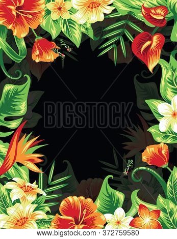 Banner With Tropical Leaves And Flowers. Isolated On White.