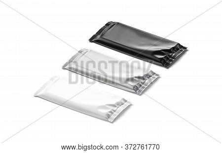 Blank Black, White And Silver Chocolate Bar Foil Wrap Mockup, 3d Rendering. Empty Cacao Or Milk Choc