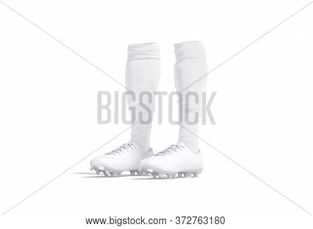Blank White Soccer Boots With Socks Mock Up, Half-turned View, 3d Rendering. Empty Leather Shoes Wit