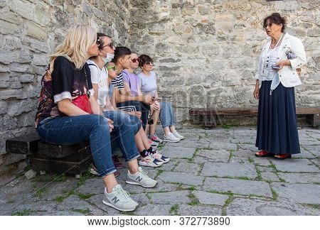 Kamyanets-podilskiy, Ukraine - June 12, 2020: Tour Group With Guide In The Fortress In Kamyanets-pod