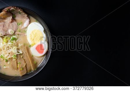 Delicious Tonkotsu Ramen, Japanese Noodle In Pork Bone Based Soup Topped With Sliced Chashu Pork, Bo