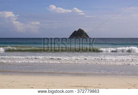 Iconic Rocky Island At Mawun Beach Lombok, Indonesia. Kuta Lombok Is An Exotic Paradise On The Indon