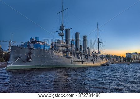 St. Petersburg, Russia 25.06.2018  Aurora Cruiser In Saint-petersburg At White Nights
