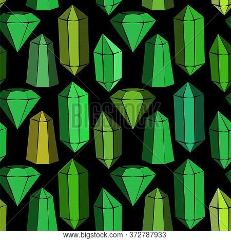 Seamless Vector Pattern With Green Crystals And Emeralds. Hand-drawn Gemstones, Diamonds, Diamonds, 