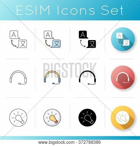 Remote Work Elements Icons Set. Interpreter For Language Translation. Headset For Call Center Operat