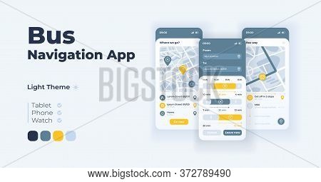Bus Navigation Cartoon Smartphone Interface Vector Templates Set. Mobile App Screen Page Light Mode 