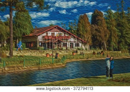 Gramado, Brazil - July 21, 2019. Couple Taking A Selfie In Joaquina Rita Bier Lake And Old House In 