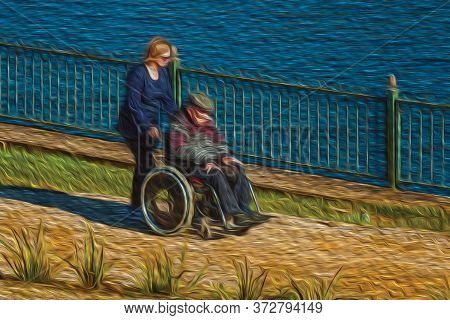Gramado, Brazil - July 21, 2019. Woman Pushing An Elderly In Wheelchair At The Joaquina Rita Bier La