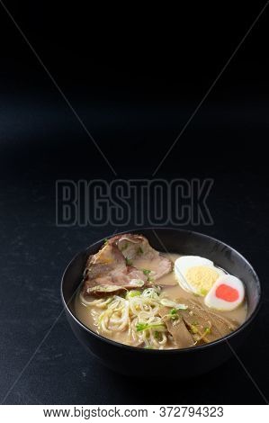 Delicious Tonkotsu Ramen, Japanese Noodle In Pork Bone Based Soup Topped With Sliced Chashu Pork, Bo