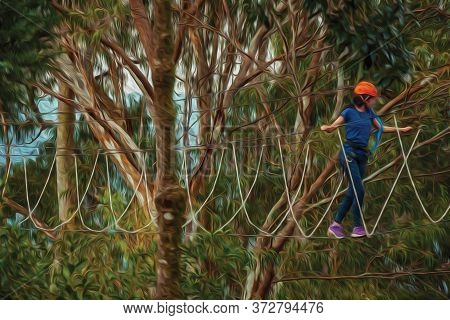 Canela, Brazil - July 21, 2019. Fully Equipped Girl Practicing Tree Climbing On Cloudy Day In A Fore