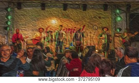 Canela, Brazil - July 21, 2019. People Dancing Traditional Songs Performed By Musicians On A Folklor