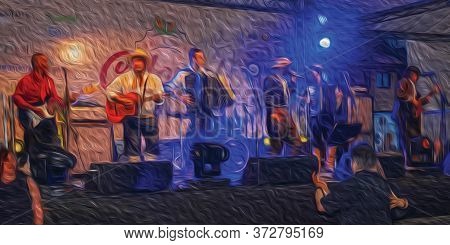 Canela, Brazil - July 21, 2019. People Dancing Traditional Songs Performed By Musicians On A Folklor