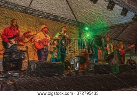 Canela, Brazil - July 21, 2019. Musicians With Typical Clothes Performing Traditional Songs On Folkl