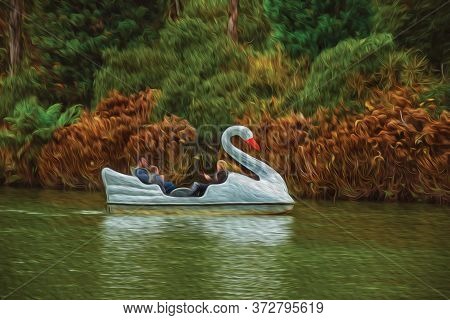 Gramado, Brazil - July 23, 2019. People On Fiberglass Pedal Boats In The Shape Of Swan At Black Lake