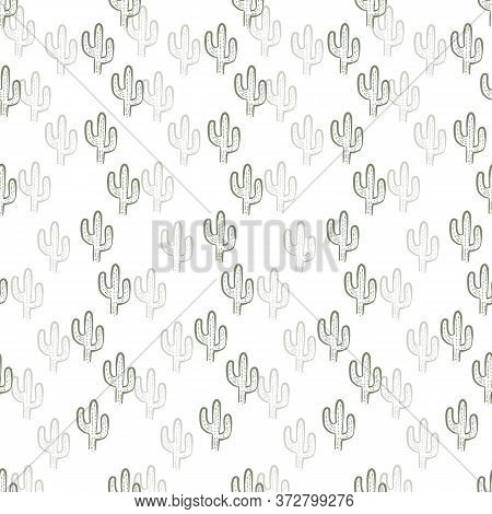 Seamless Green Repeating Cactus Pattern With White Background. Outline Cactus Cute Kids Pattern.