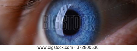 Male Eye Blu Color Super Macro Closeup Shot. Laser Vision Correction And Cataract Treatment Concept
