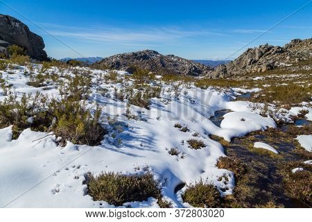 Winter landscape with snow in mountains of Serra do Xures natural park, Galicia, Spain