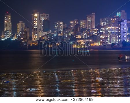 Mumbai Night Skyline View From Marine Drive In Mumbai, India.