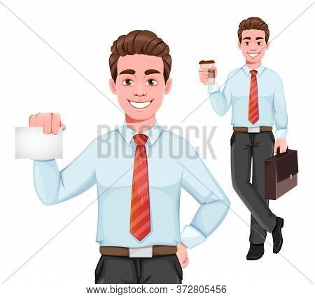 Successful Business Man, Set Of Two Poses. Handsome Businessman In Business Clothes With Coffee And 