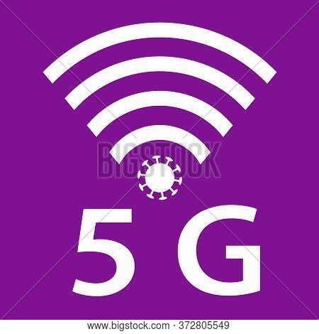 Vector Icon Design Of Coronavirus 5g Zone Concept On Violet Background. Conspiracy Theorists Attacke