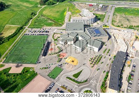 Aerial View Of School Building In Suurpelto District, Espoo, Finland.