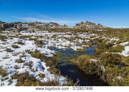 Winter landscape with snow in mountains of Serra do Xures natural park, Galicia, Spain