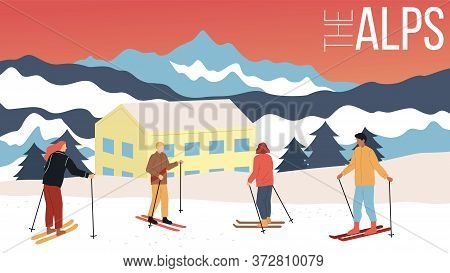 Concept Of Skiing, Winter Tourism. Group Of People In Equipment Skiing In Alps. Beauitiful View On M