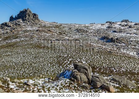 Winter landscape with snow in mountains of Serra do Xures natural park, Galicia, Spain