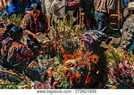 Chichicastenango, Guatemala - June 21, 2002. Folkloric Market With Indigenous People Wearing Typical