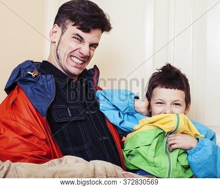 Faher And Son Together Having Fun At Home, Lifestyle Happy Family, People At Home
