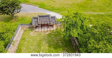 Cheongju, South Korea; May 31, 2020: Rear Aerial View Of Entrance Gate And Wall At Shrine Of Indepen
