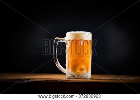 Mug Full Of Chopp, With Chopp Pilsen On A Rustic Table, With Space For Writing