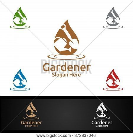 Water Gardener Logo With Green Garden Environment Or Botanical Agriculture Design Illustration