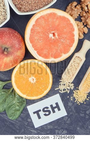 Inscription Tsh With Nutritious Products And Ingredients Containing Vitamins And Minerals For Health