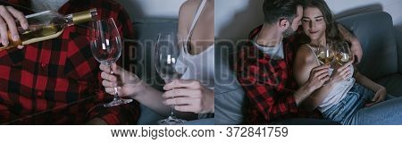 Of Man Pouring White Wine Into Glass, And Embracing Happy Girl While Sitting On Sofa, Horizontal Ima