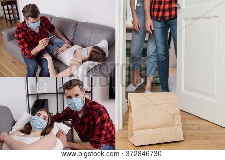 Of Man Caring Of Diseased Girlfriend, And Couple Standing Near Paper Bag With Takeaway Food Near Doo