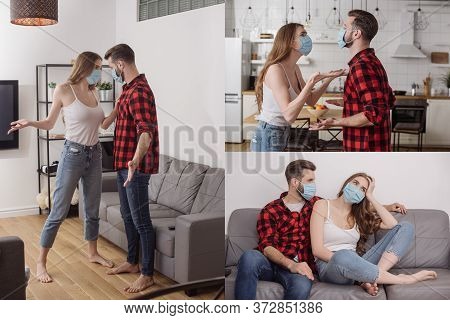 Of Young Couple In Medical Masks Quarreling At Home