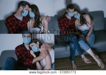 Collage Of Upset Couple In Medical Masks Watching Tv While Man Calming Sad