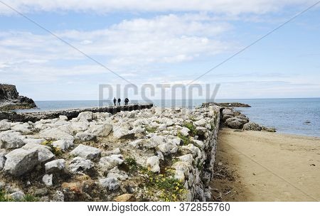 Scenic View Of Beautiful Rocky Pier With Yellow Wildflowers; Blue Sea Against Sky. Sabaudia, Lazio, 