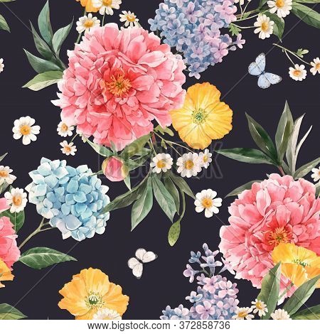 Beautiful Vector Seamless Pattern With Watercolor Pink Peony, Blue Hydrangea And Lilac Summer Flower