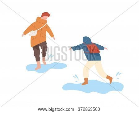Funny Kids Running And Jumping On Puddle Vector Flat Illustration. Boys In Seasonal Clothes Having F