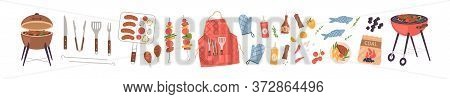 Barbecue Elements Set Vector Flat Illustration. Collection Of Equipment For Cooking Bbq - Grill, Coa