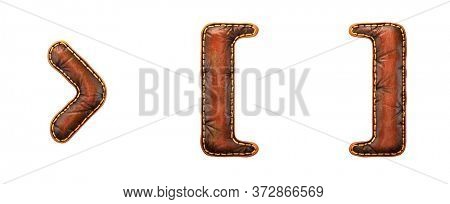 Set of symbols right angle bracket, left and right bracket made of leather. 3D render font with skin texture isolated on white background. 3d rendering