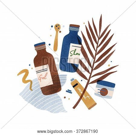 Composition Of Bottle With Care Products Vector Flat Illustration. Different Colorful Jars With Orga
