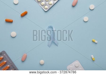 Blue Ribbon, Child Abuse Awareness, World Diabetes Day, Background With Drugs, Overdose Concept