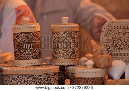Handicrafts Made Of Birch Bark . Mugs With A Lid Made Of Birch Bark In The Shop