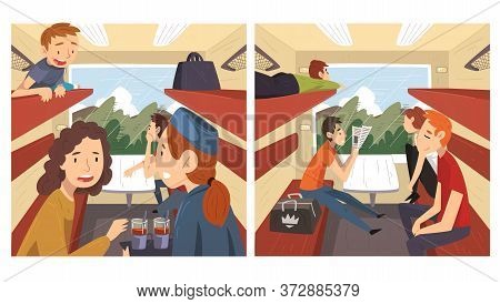 People Travelling By Train Set, Cheerful Men And Women Sitting In Passenger Railway Transport And Ta