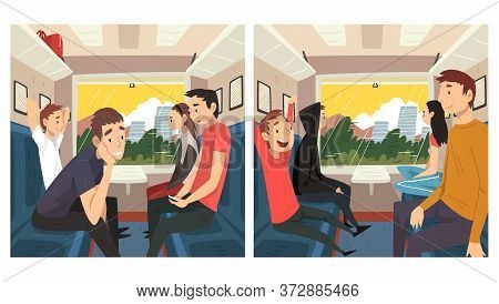 Young People Travelling By Train Set, Men And Women Sitting In Passenger Railway Transport, Train In